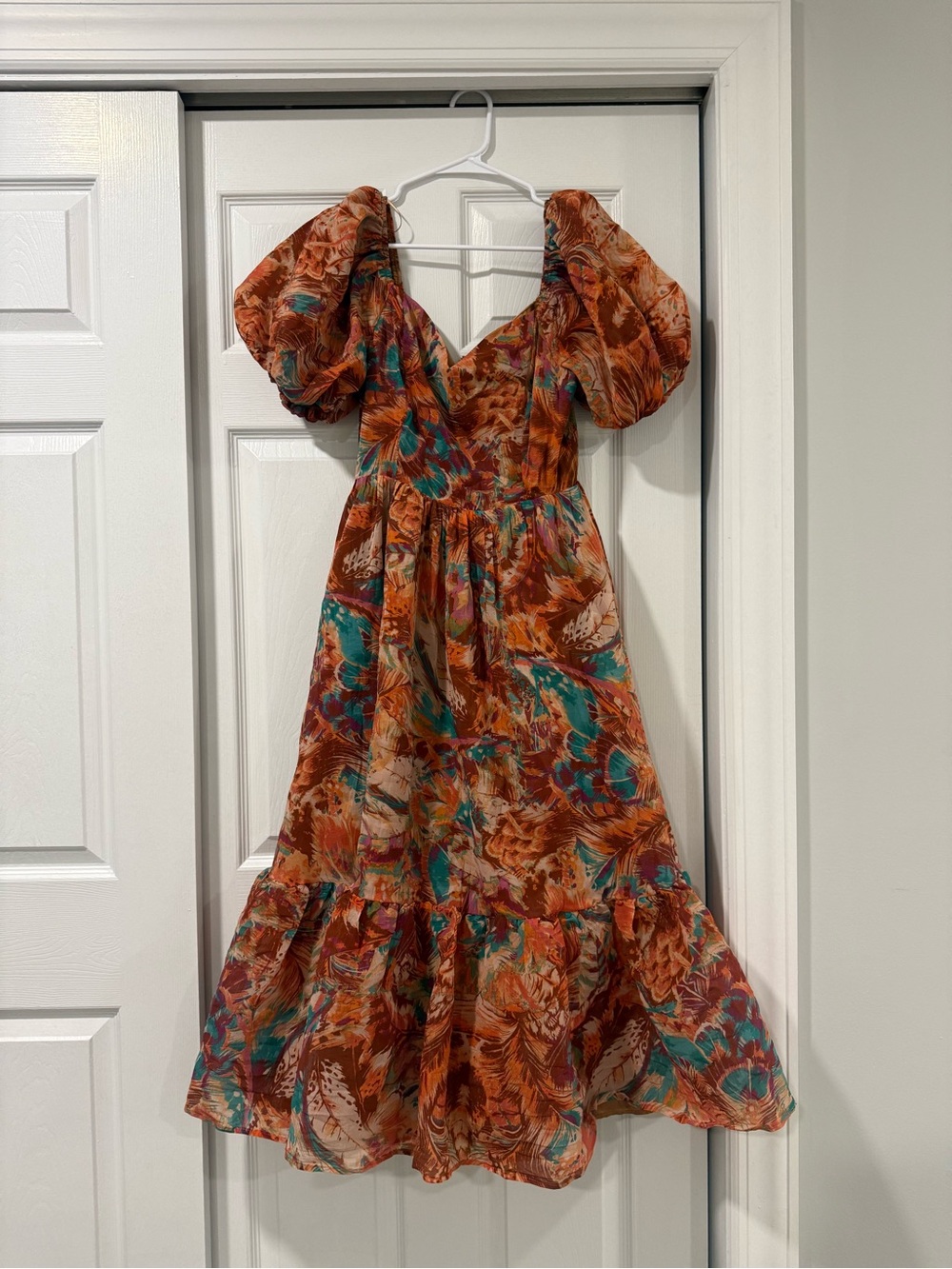 Rust orange and Teal Floral Puff-Sleeve Midi Dress